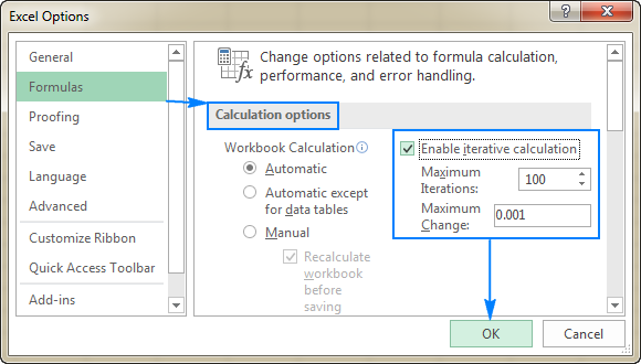 Microsoft Excel advanced: iterative calculation ude1553